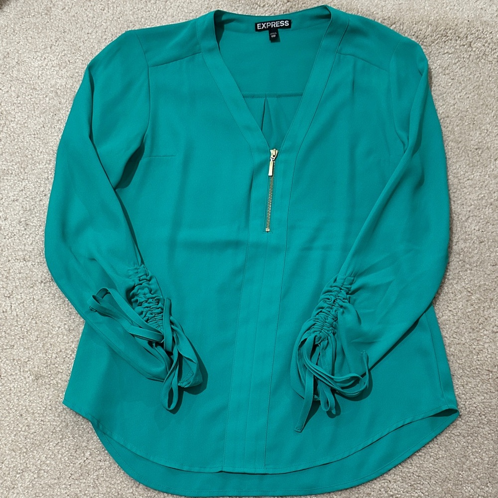 Express Turquoise Blouse with Ruched Sleeves